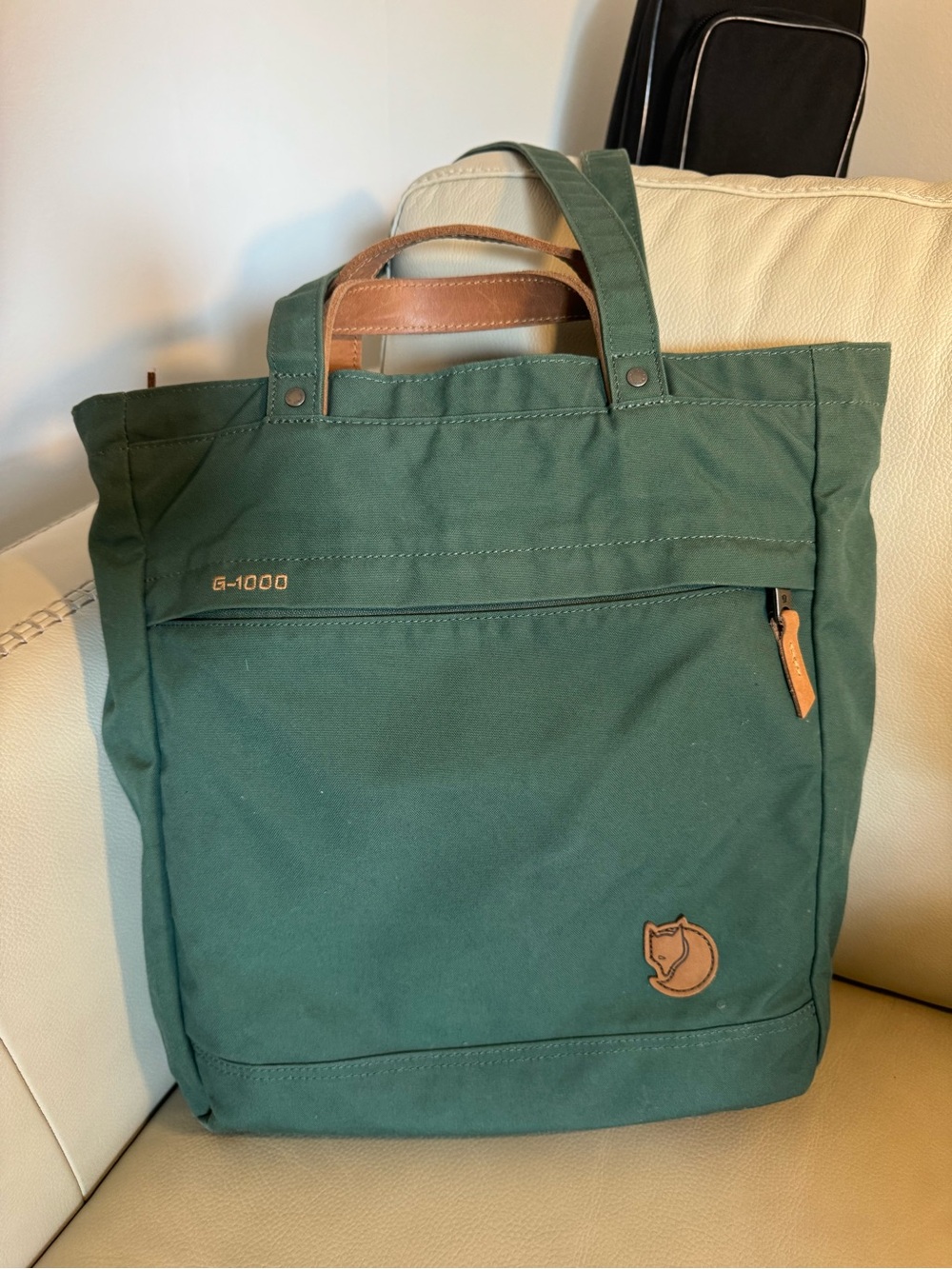 Fjallraven G-1000 Green Canvas Backpack Tote with Brown Leather Handles